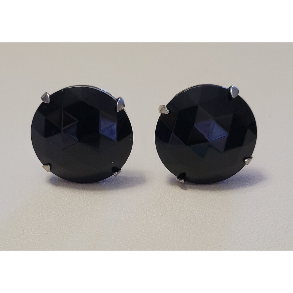 Vintage HOBE Signed Large Black Button Style Silver Tone Clip On Earrings 70s 1"